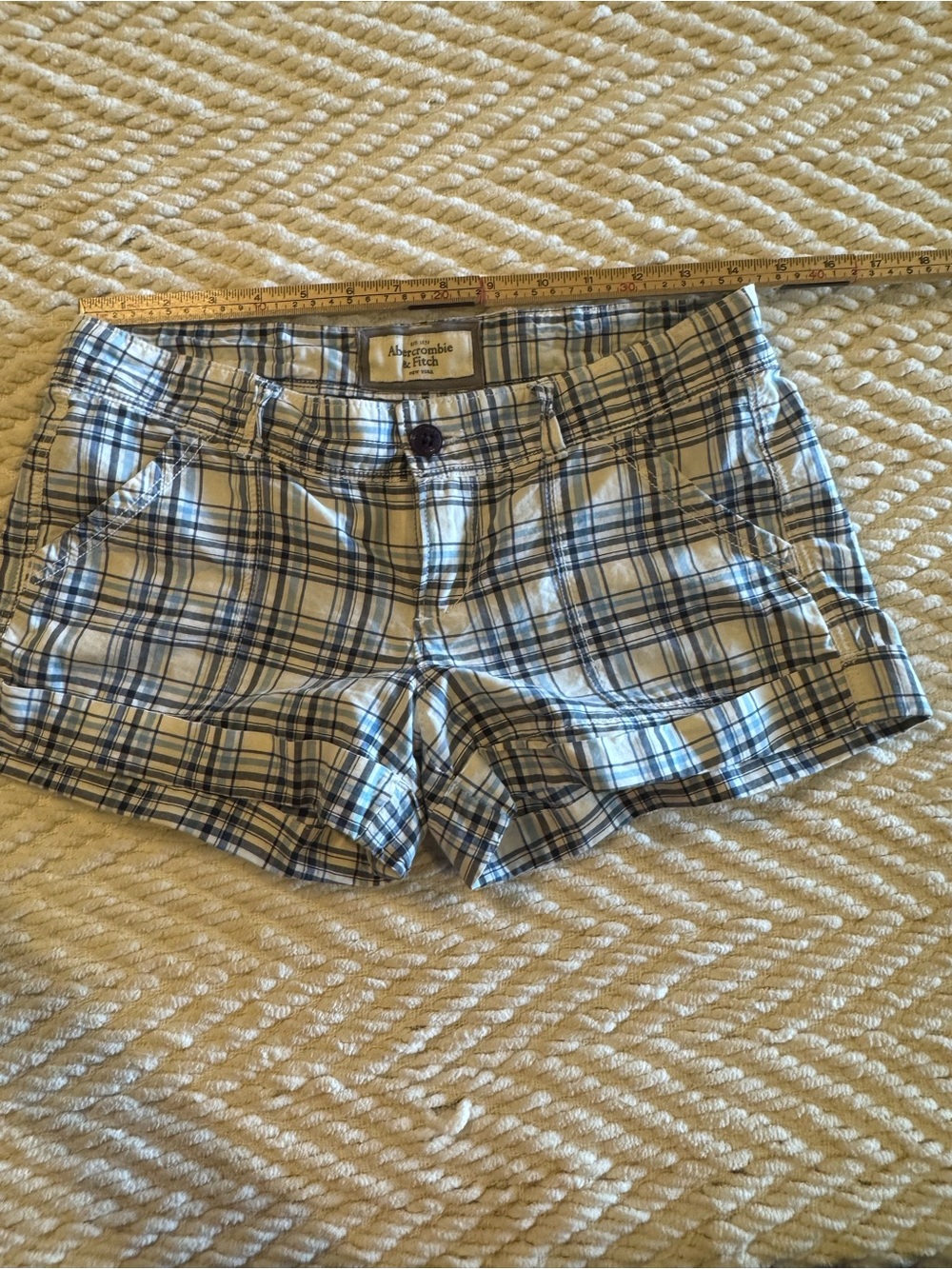 Abercrombie & Fitch White and Blue Plaid Cotton Shorts